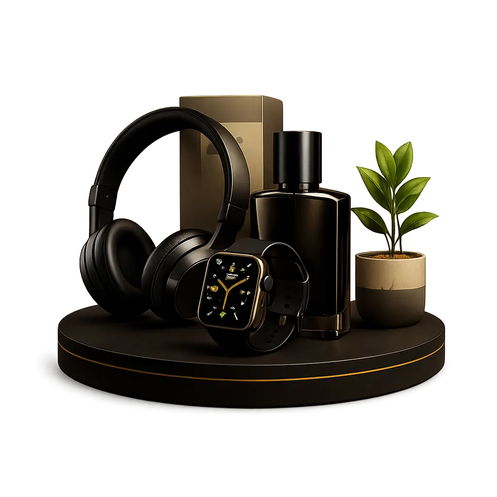 Premium physical products including headphones, smartwatch, and accessories